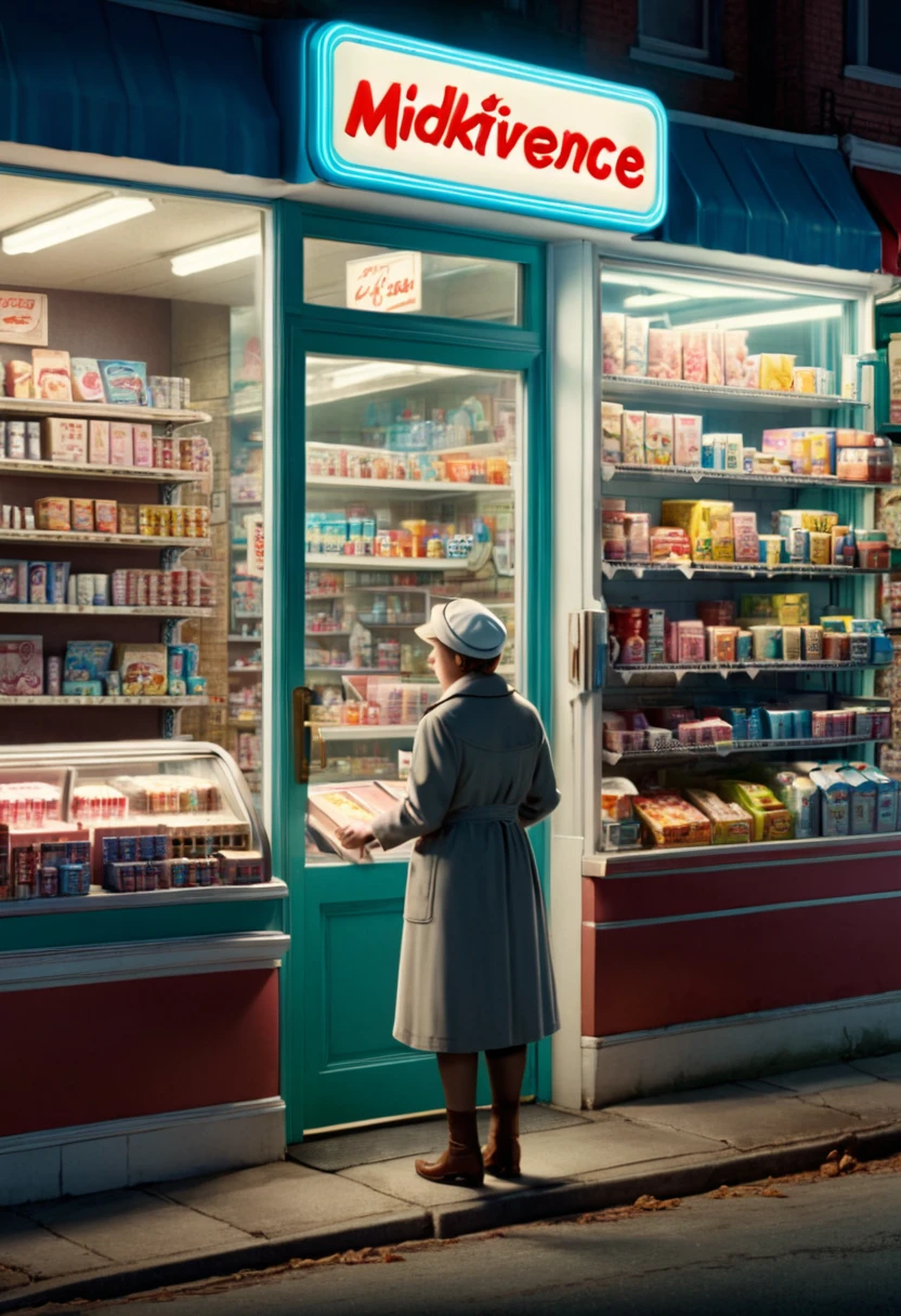 midnight convenience store, Movie Still, action shot, Ernest and Celestine, (masterpiece, best quality, Professional, perfect composition, very aesthetic, absurdres, ultra-detailed, intricate details:1.3)