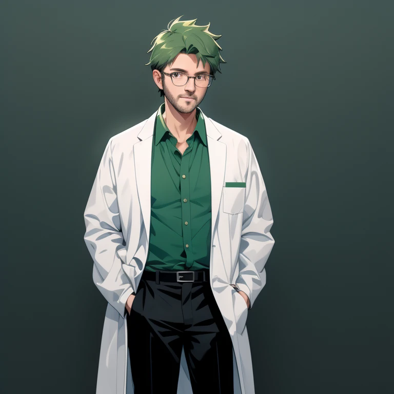 1 old man, 30 years old, white lab coat, dark green hair, blue collared shirt, black pants, glassese, full body, standing, lower arms, looking at viewer, front view, thick outline, gray background, simple background