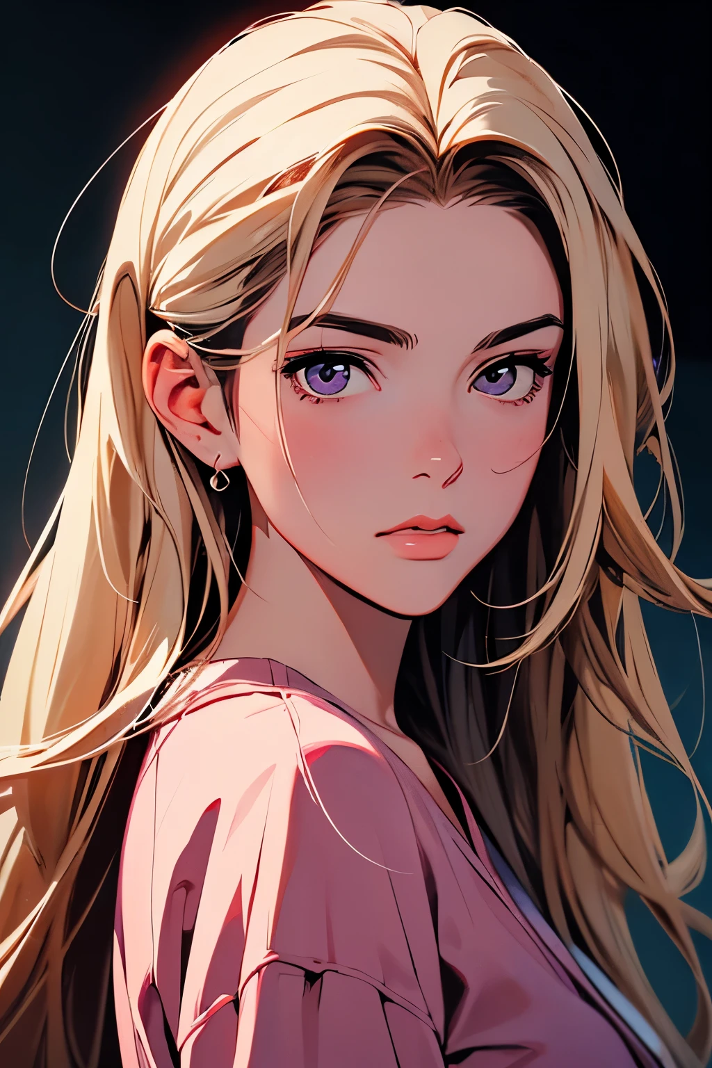 2d illustration, anime, a painting portrait in fine arts, in manhwa style, Bishamon from noragami, 1girl, blond long hair, big hair, purple eyes, makeup, beautiful, high definition, masterpiece, best quality, high detail, high detailed eyes, grain filter, Detailed lips, high resolution, ultra-detalhado, retrato, mulher caucasiana, realista proportions, Anatomicamente preciso, bochechas rosadas; dark lighting, alta qualidade, premiado, high resolution, 8k, at night, usando um pijama