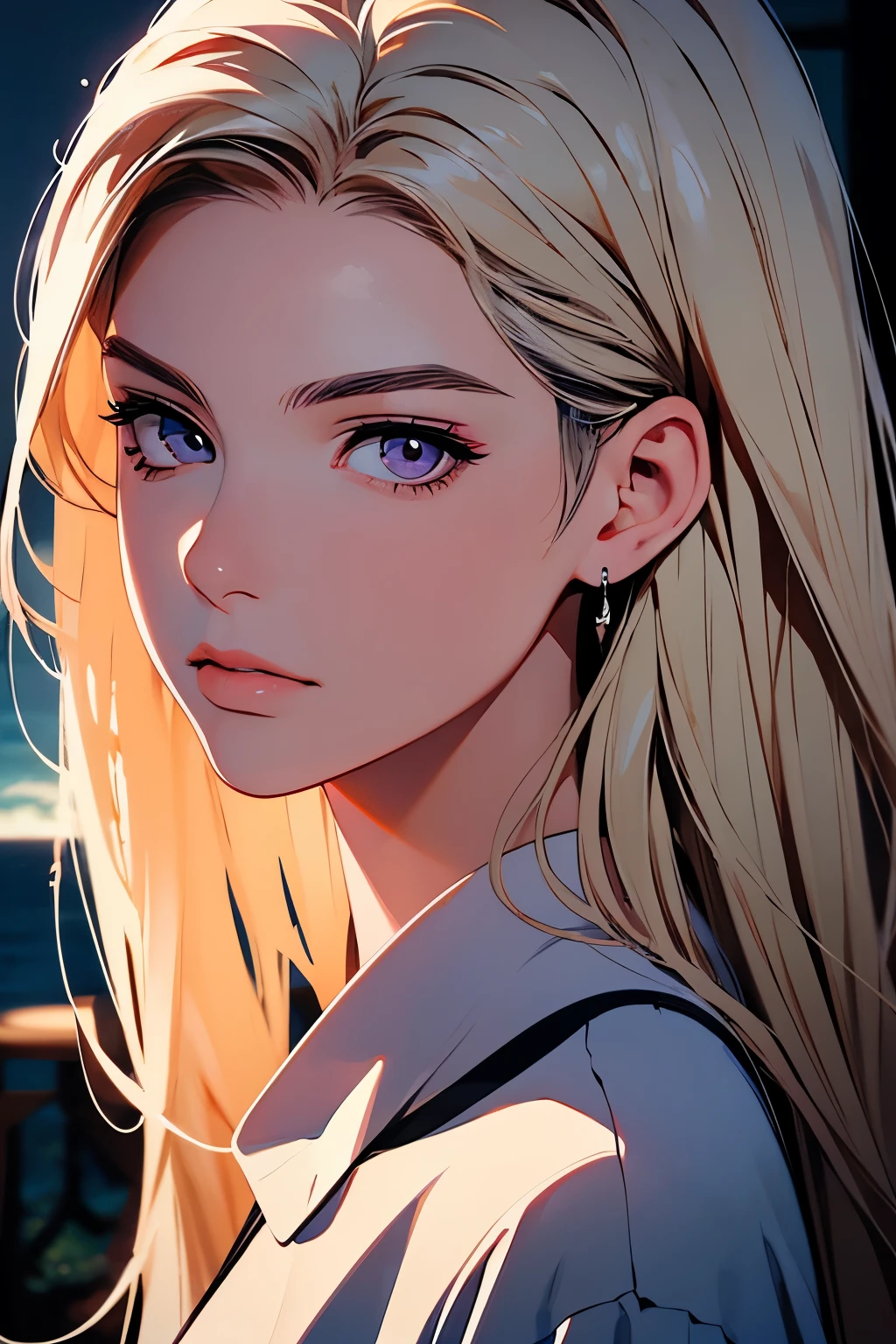 2d illustration, anime, a painting portrait in fine arts, in manhwa style, Bishamon from noragami, 1girl, blond long hair, big hair, purple eyes, makeup, beautiful, high definition, masterpiece, best quality, high detail, high detailed eyes, grain filter, Detailed lips, high resolution, ultra-detalhado, retrato, mulher caucasiana, realista proportions, Anatomicamente preciso, bochechas rosadas; dark lighting, alta qualidade, premiado, high resolution, 8k, at night, usando um pijama bonito