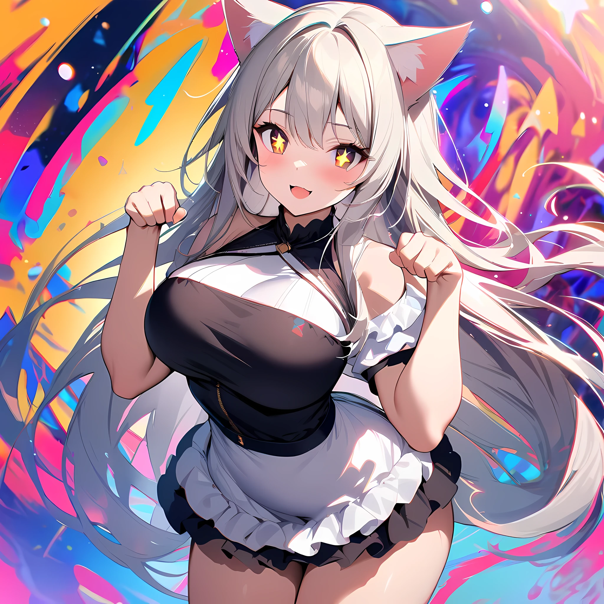 (masterpiece, best quality), ((1girl, (mature female) long hair), (star-shaped pupils,  +_+, symbol-shaped pupils, sparkling eyes), (cat ears, open open mouth)), (looking at viewer, light smile, off shoulder), (abstract, multicolored background, abstract background, chromatic aberration),big breasts,paw pose,frilled dress