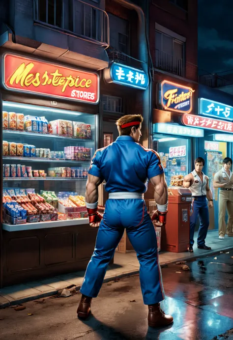 midnight convenience store, movie still, action shot, street fighter, vs, king of fighters, (masterpiece, best quality, professi...