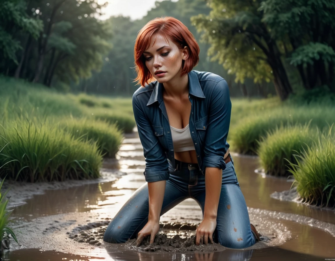 (best quality,4k,8k,highres,masterpiece:1.2), ultra-detailed, grainy film photo, (realistic,photorealistic,photo-realistic:1.37), 70s setting:1.2,woman with red bob-cut hair, dressed inblouse and (Levis soaking wet jeans), She falling on her butt into soft mud while (simulates intercourse:1.2). Her facial expression reflects gloomy ecstasy. The nature surrounding her - green trees and grass, bushes and small stones are visible in the background. Light falls through the foliage, creating patterns on the surface of water and silt. An atmosphere of mystery and exploration of one’s own feelings, freckles, sweat, blush, levis jeans