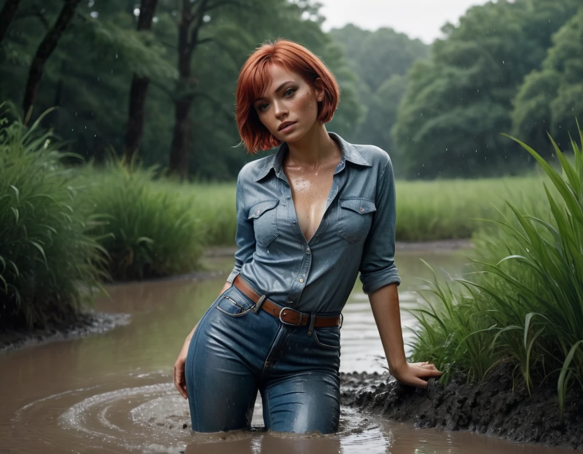 (best quality,4k,8k,highres,masterpiece:1.2), ultra-detailed, grainy film photo, (realistic,photorealistic,photo-realistic:1.37), 70s setting:1.2,woman with red bob-cut hair, dressed inblouse and (Levis soaking wet jeans), She falling on her butt into soft mud while (simulates intercourse:1.2). Her facial expression reflects gloomy ecstasy. The nature surrounding her - green trees and grass, bushes and small stones are visible in the background. Light falls through the foliage, creating patterns on the surface of water and silt. An atmosphere of mystery and exploration of one’s own feelings, freckles, sweat, blush, levis jeans