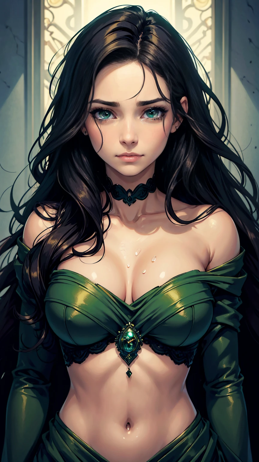 (masterpiece, Best quality, A high resolution, ultra detailed),(beautiful and aesthetically pleasing:1.2), 1 woman, perfect body, wavy black hair, green eyes, Beautiful face, (A slight smile:0.8), detailed eyes and face, sad expression, tears flow down your cheeks, sadness on the face, cry, tears on eyes, portrait, 