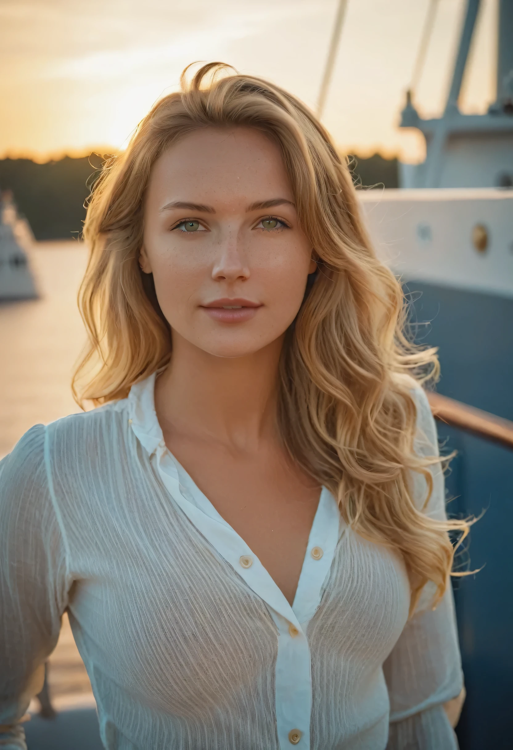 A 22 years old Ukrainian-Sweden lady in casual clothes, dressed in a soft, tight blouse and high-waisted jeans, with sun-kissed loose wavy hair, full lips, hazel eyes, sensual, looking straight into the camera, standing on the ship, early morning casting the soft glow, excluding serenity, photography, DSLR camera with 50 mm lens, f/1.8 aperture for a shallow depth of field