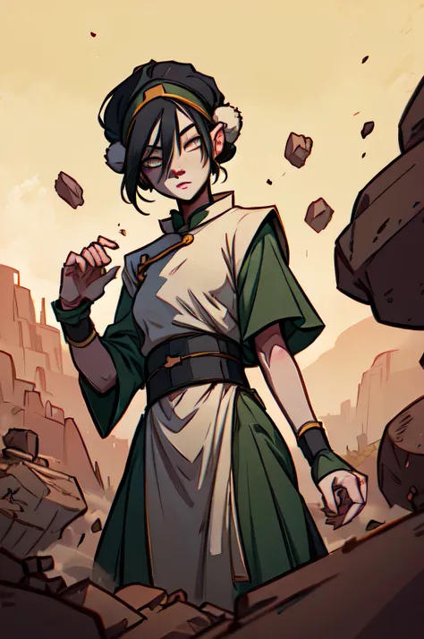 toph bei fong, short black hair, white eyes, headband,hair ornament, blind, green chinese clothes, tunic, bracers, looking spicy...