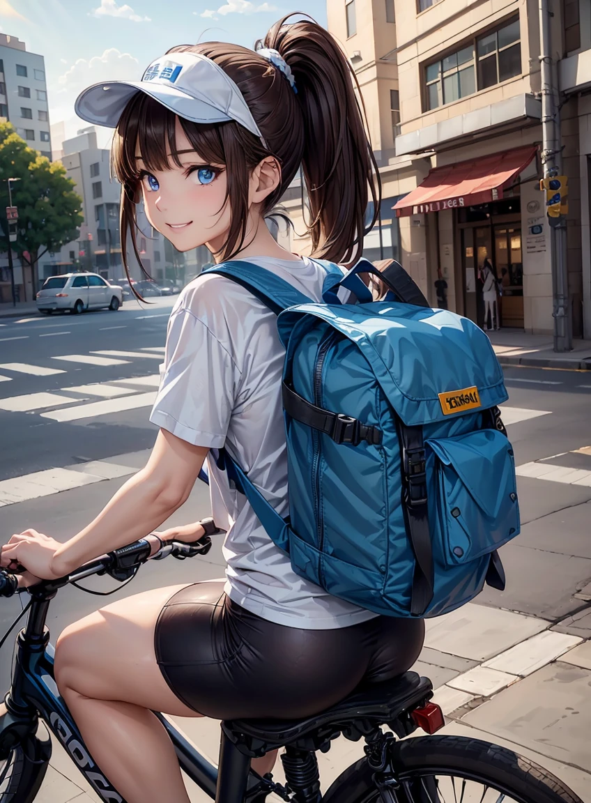 beautiful features、Japanese、brown hair、((ponytail、deep blue eyes:1.2))、shiny smooth hair, thick bangs、(bright smile:1.2), ((Image Processing Algorithms：1.2))、highly detailed eyes, highest quality, Ultra HD, HDR, Beautiful and vivid illustrations、high contrast、Tonal correction、Ultra-realistic oily and shiny skin, Super fine, High resolution CG Unity 8K wallpaper, Raw photo, precise fingers, anatomically correct,((T-shirt、Kneakers、Sun visor、Large backpack on the back:1.2))、((ride a bicycle、Pedal with your foot、Uber Eats delivery person:1.1))