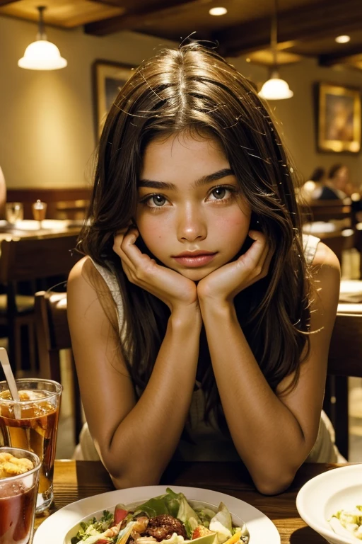 ((best quality)), ((masterpiece)), (detailed), perfect face perfect face perfect body 16 yr old girl having lunch in restaurant salad 