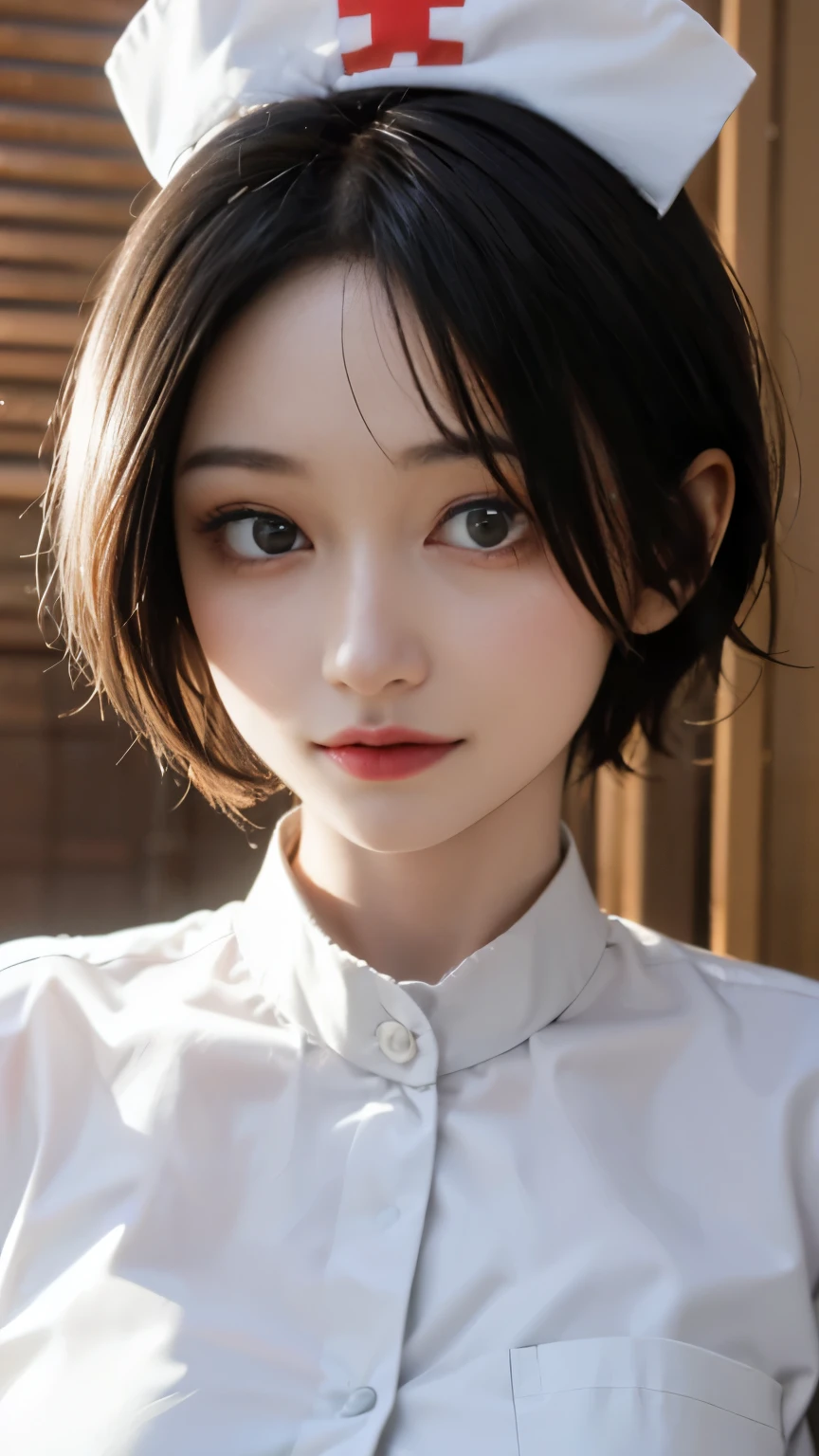 highest quality, white skin, real human skin, (be familiar with), oval face, pore, ultra high resolution, (8K, RAW photo, realistic: 1.4), one girl, slim, (Gentle, goddess-like eyes) happiness: 1.2), (lip gloss, eyelash, gross face, highest quality, ultra high resolution, wide lighting, natural shading)、sexy nurse、Full body diagram:1.8、Absolute area、long beautiful thin legs、low length、