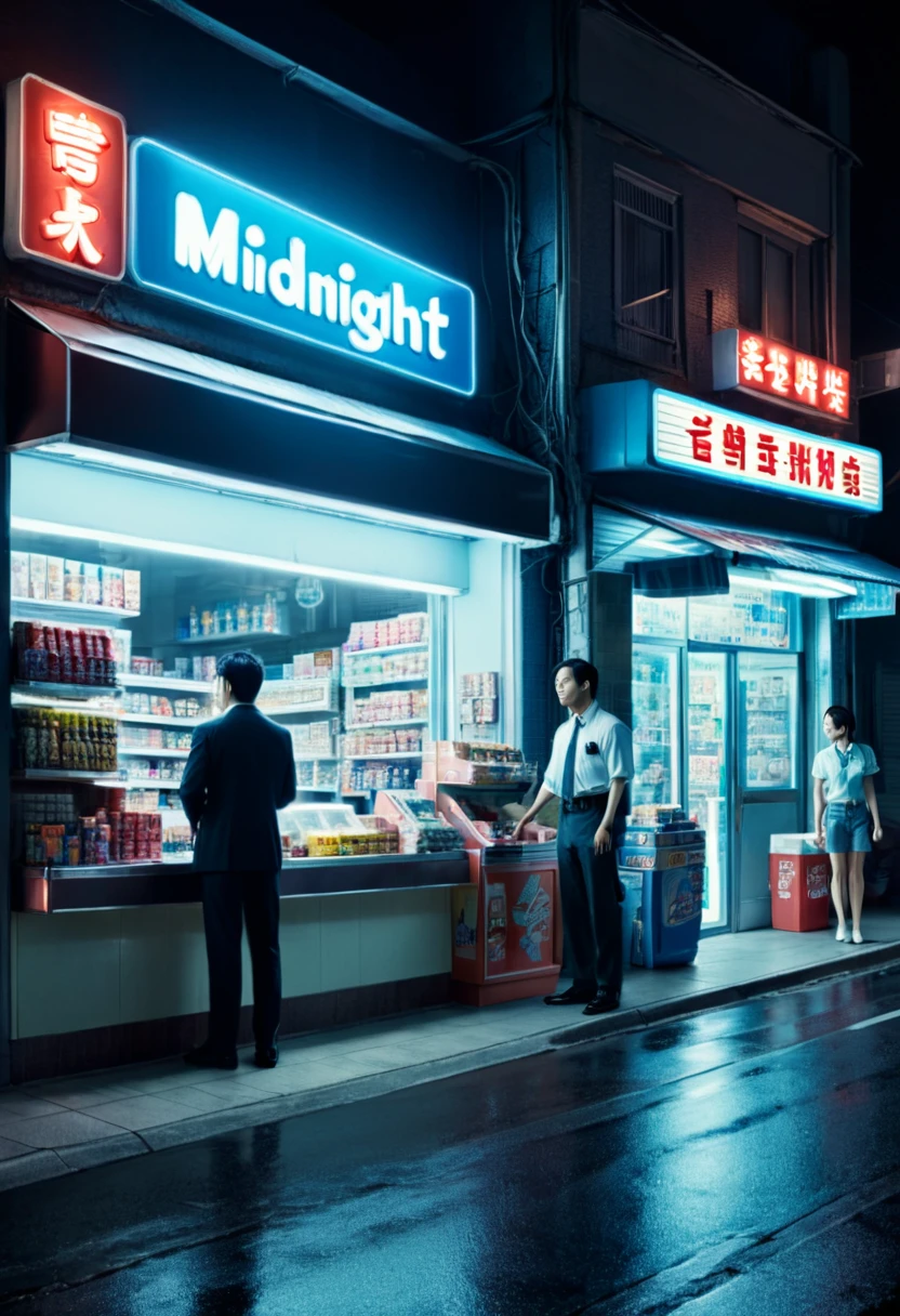 midnight convenience store, Movie Still, action shot, by Emmanuel Shiu, (masterpiece, best quality, Professional, perfect composition, very aesthetic, absurdres, ultra-detailed, intricate details:1.3)