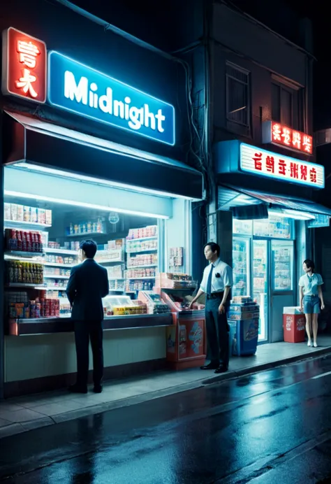 midnight convenience store, movie still, action shot, by emmanuel shiu, (masterpiece, best quality, professional, perfect compos...