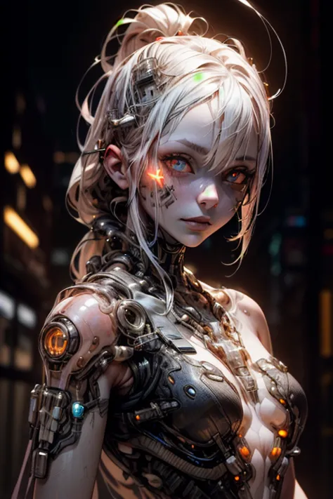 (biopunk girl:1.6), mullet hairstyle, (glowing scarlet eyes:1.2), (translucent pale skin:1.4), no humans, beautiful eyes with fi...