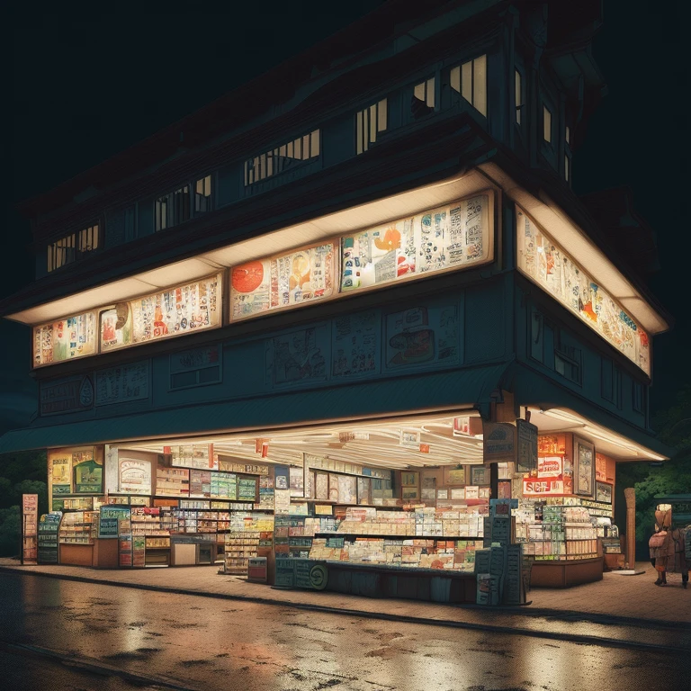 Dépanneur de minuit, Photo du film, par Studio Ghibli Style, Couleur Ghibli, (chef-d&#39;œuvre, Meilleure qualité, professionnel, composition parfaite, très esthétique, absurdes, ultra-détaillé, détails complexes:1.3)