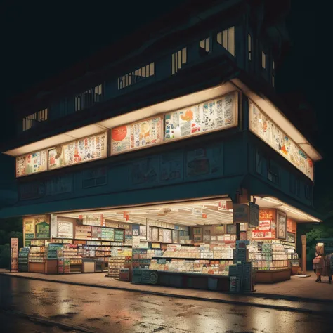 midnight convenience store, Movie Still, by Studio Ghibli Style, Ghibli color, (masterpiece, best quality, Professional, perfect...