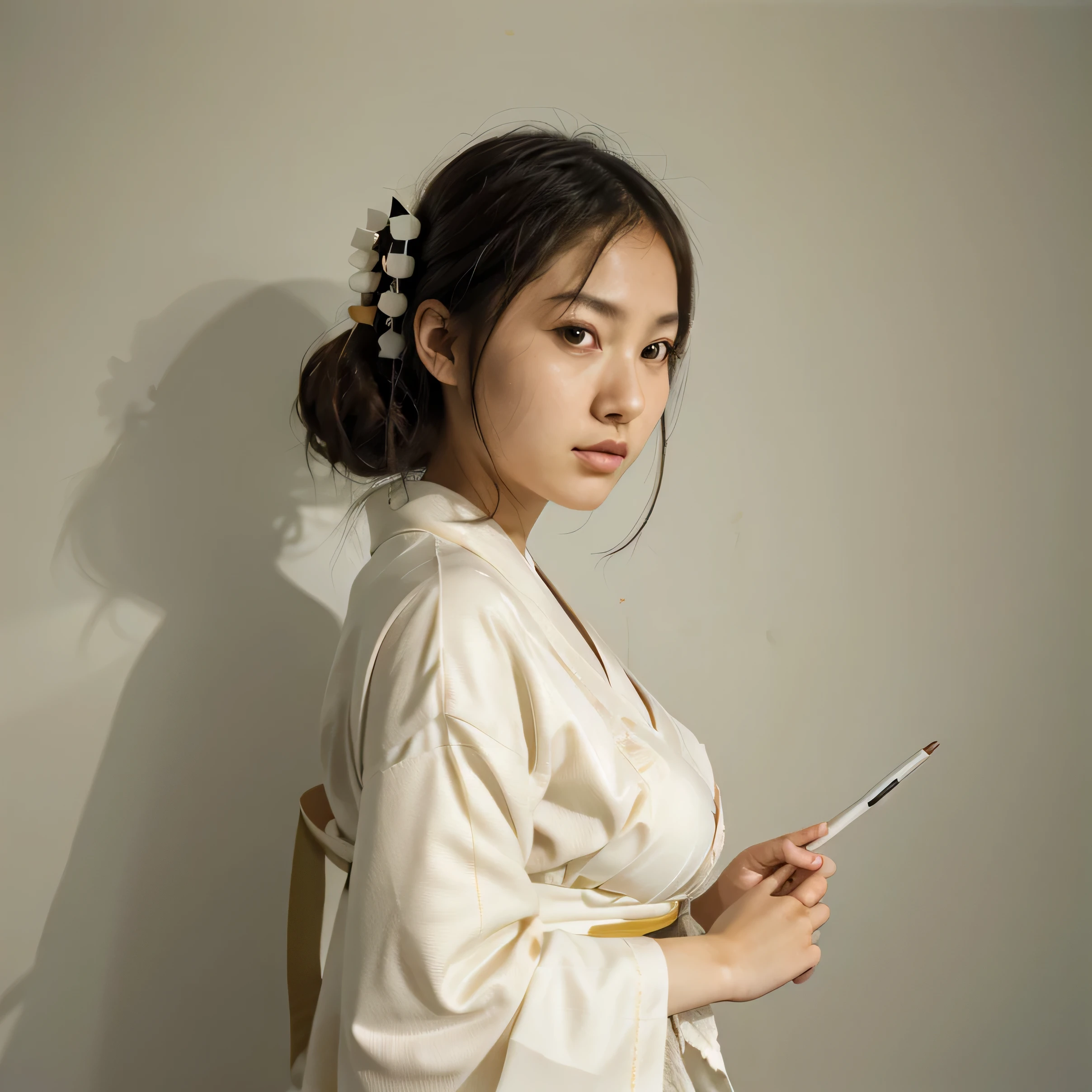 half body portrait of a very young Japanese girl Amanda Martine with large natural breasts shot on Kodak gold 400 film, white studio wall, facing forward, holding a pencil (Japanese girl Amanda Martine), wearing kimono, pouting