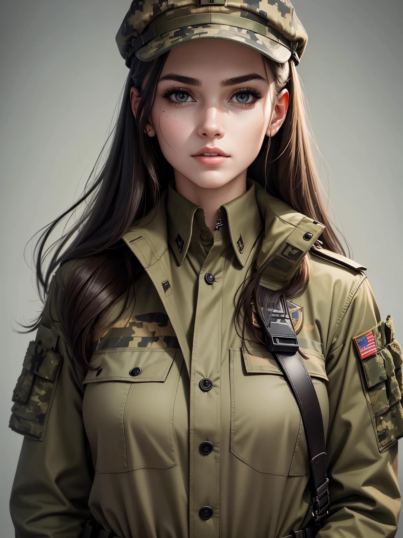 Portrait of beautiful young woman in military uniform with camouflage on face. Military concept. Woman in army