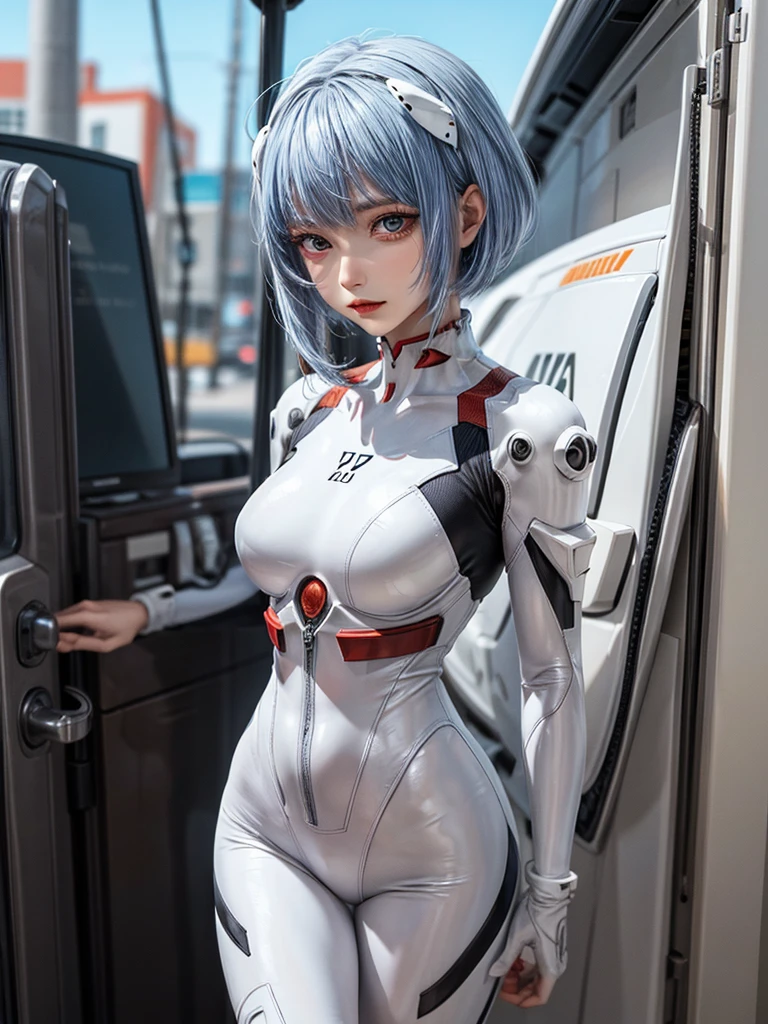 Masterpiece, Top quality, 8K, Detailed skin texture, Fine cloth texture, Beautifully detailed face, Intricate details, Super detailed, Portrait of Rei Ayanami, Blue hair, Red eyes, Looking into the distance, No background, Wearing a plug suit when boarding Evangelion, plug suit, whole body visible, standing, arms crossed, 15 years old, beautiful, cute, excellent style,