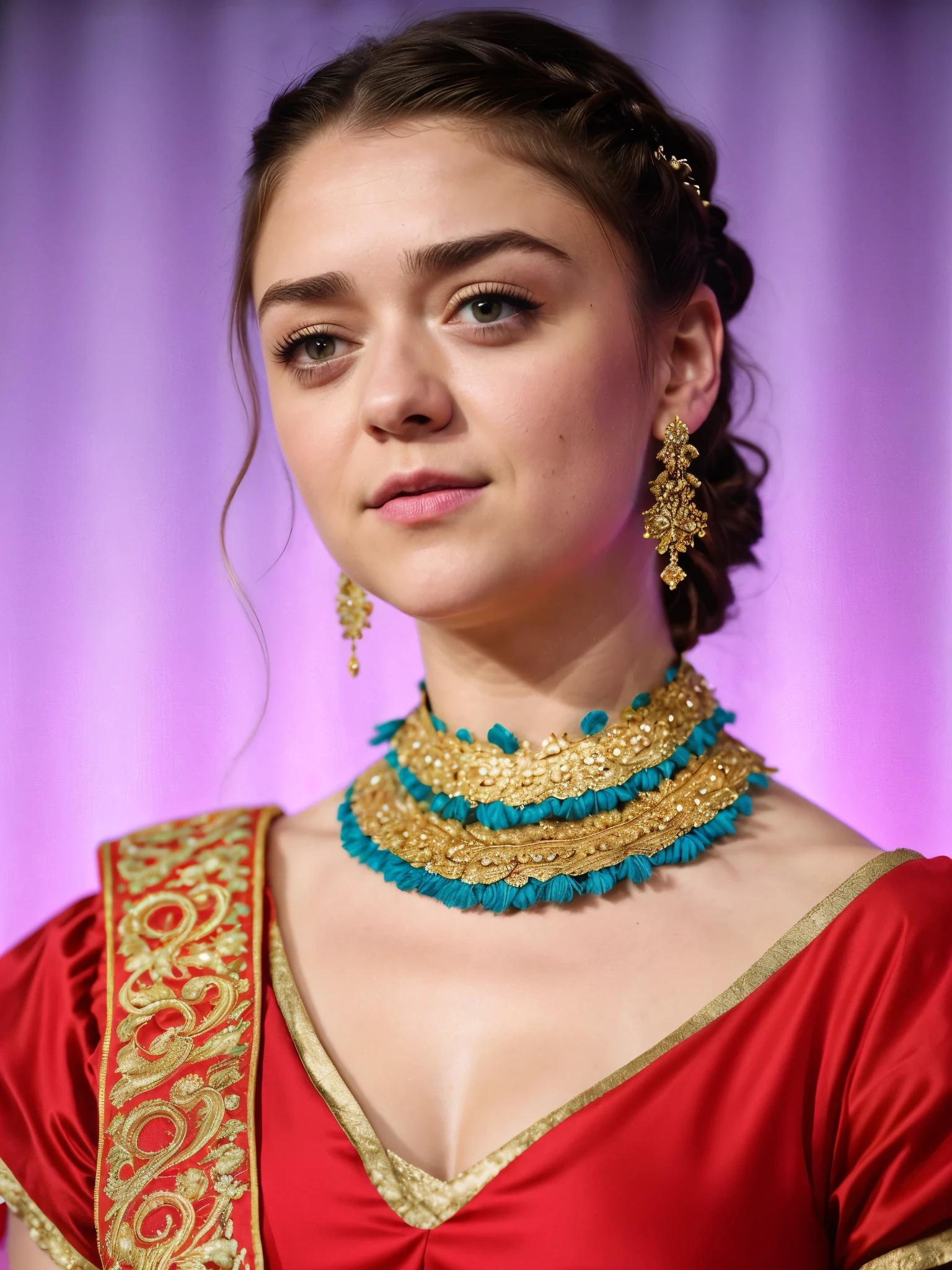 A close up of a woman wearing a red dress and a gold necklace - SeaArt AI