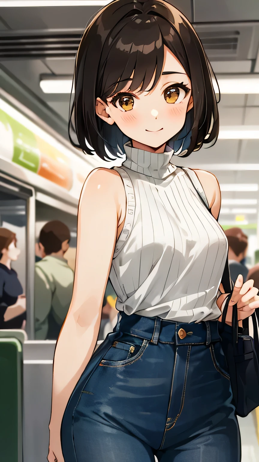 Anime girl in a white top and blue jeans on a subway - SeaArt AI