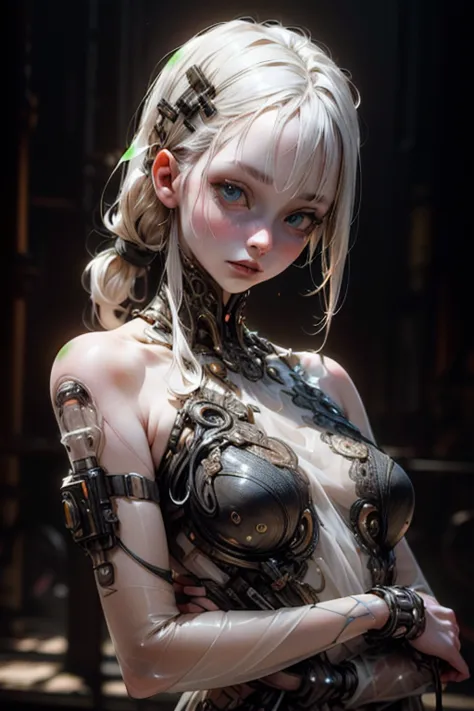 (biopunk girl:1.4), mullet hairstyle, (translucent pale skin:1.4), no humans, beautiful eyes with fine symmetry, punk light suit...