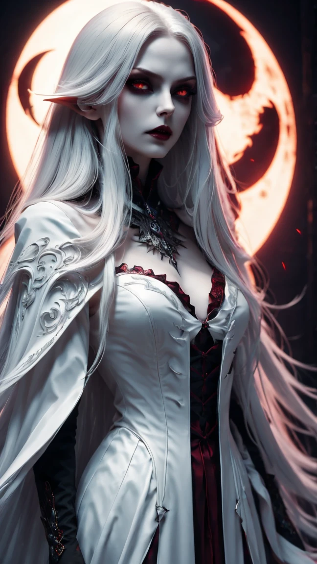 (best quality,4k,8k,highres,masterpiece:1.2),ultra-detailed,(realistic,photorealistic,photo-realistic:1.37),gothic style,gloomy atmosphere,dark shadows,eerie,haunting beauty,vampire girl,red eyes,pale complexion,long hair,long flowing dress,night scene,mysterious moonlight,hints of blood red,gloomy and mysterious,color palette: deep blacks and rich purples,dramatic lighting,ethereal and supernatural presence