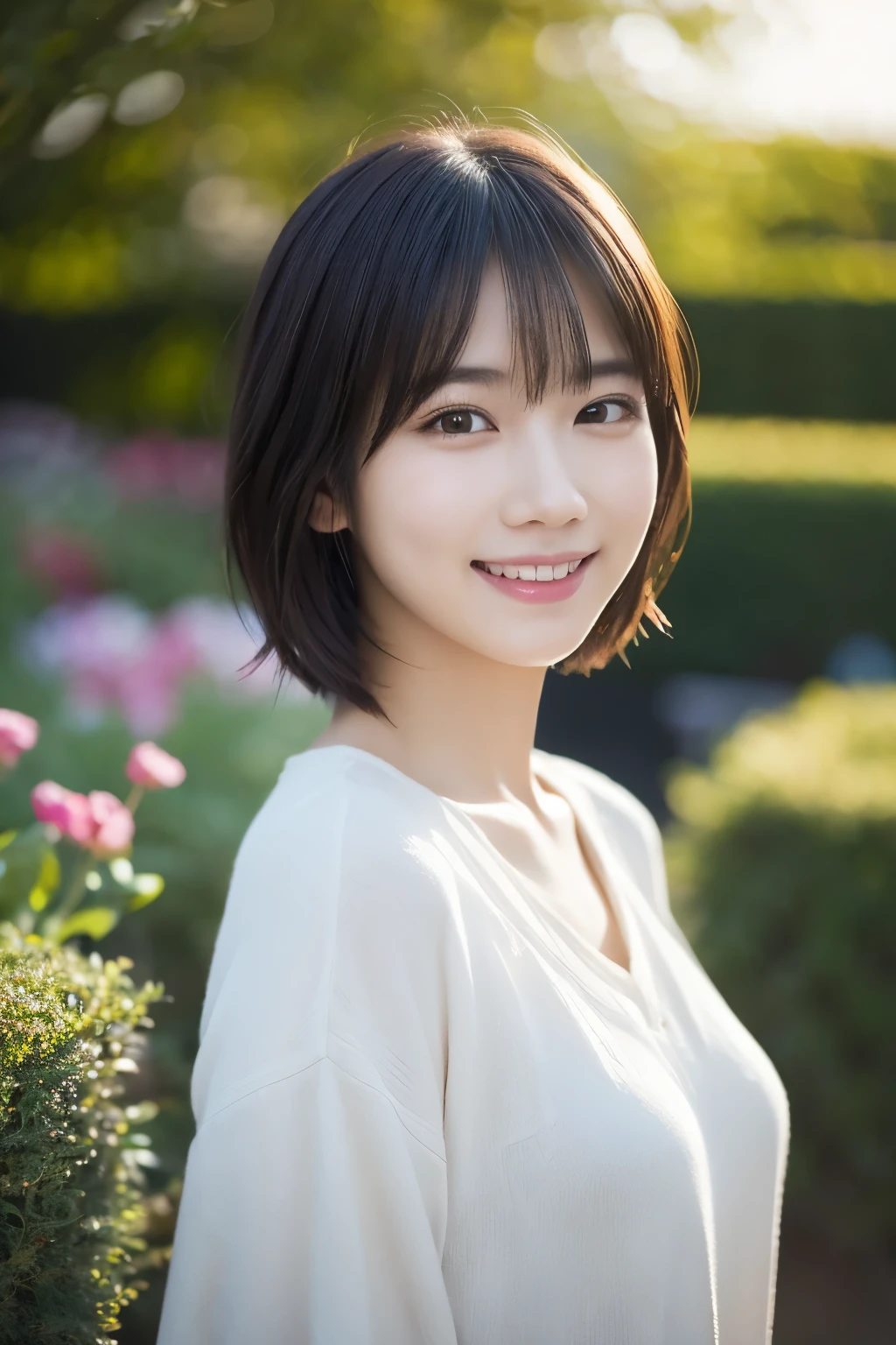 1 girl, (Wearing casual clothes for spring:1.2), Very beautiful Japanese idol portraits, 
(Raw photo, highest quality), (realistic, Photoreal:1.4), (masterpiece), 
very delicate and beautiful, very detailed, 2k wallpaper, wonderful, finely, very detailed CG Unity 8K 壁紙, Super detailed, High resolution, soft light, 
beautiful detailed girl, very detailed目と顔, beautifully detailed nose, finelyて美しい目, cinematic lighting, 
(In the Garden:1.3),
(short hair), (parted bangs), 
complete anatomy, slender body, small breasts, smile