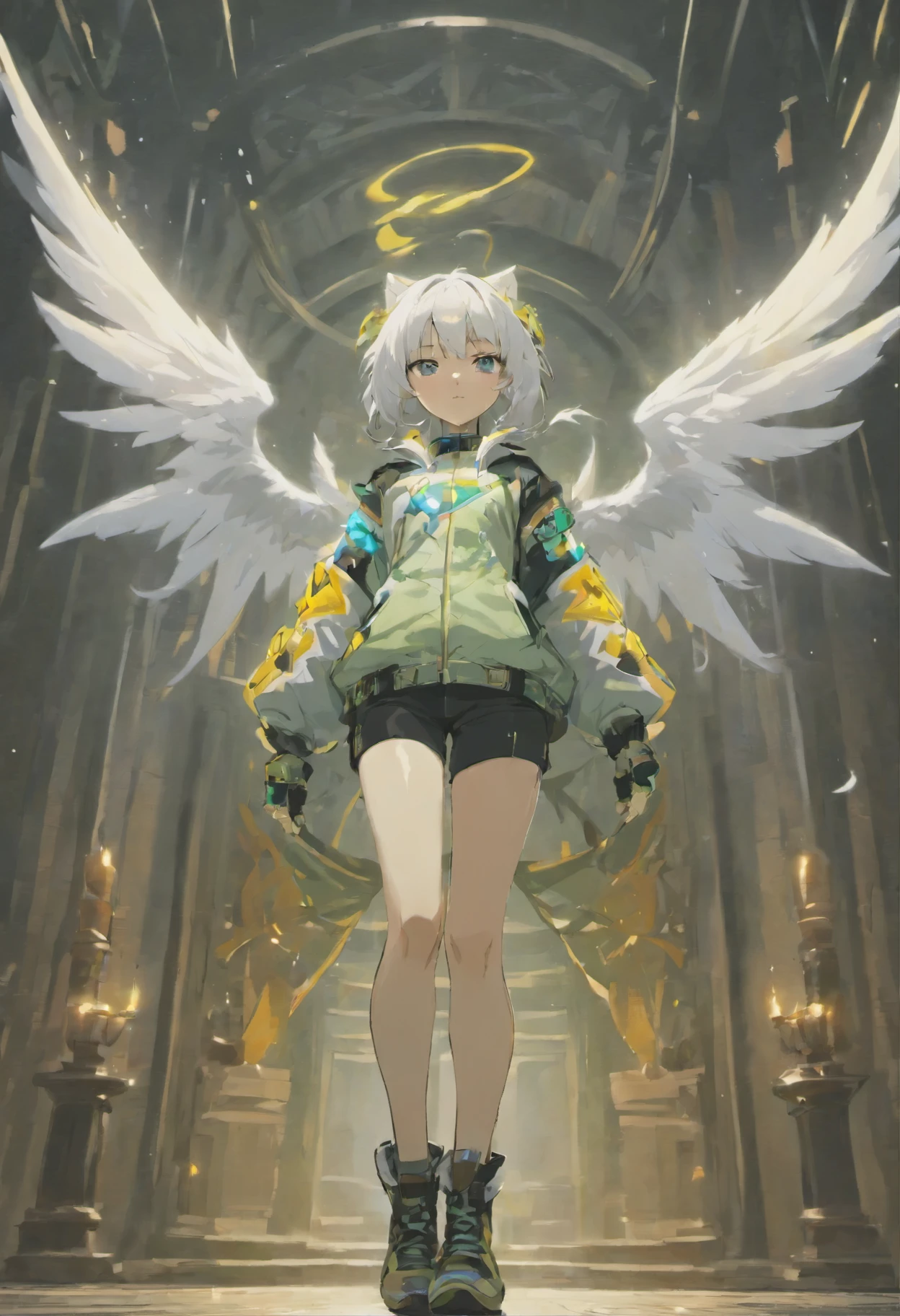 Anime girl with angel wings standing in a dark room - SeaArt AI