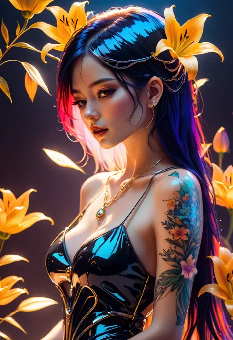 ((One, 1 girl, tattoos, glowing tattoos, brilliant, white-fluffy 16+), (skull, Flowers), (black transparent dress-clothing)), (s...
