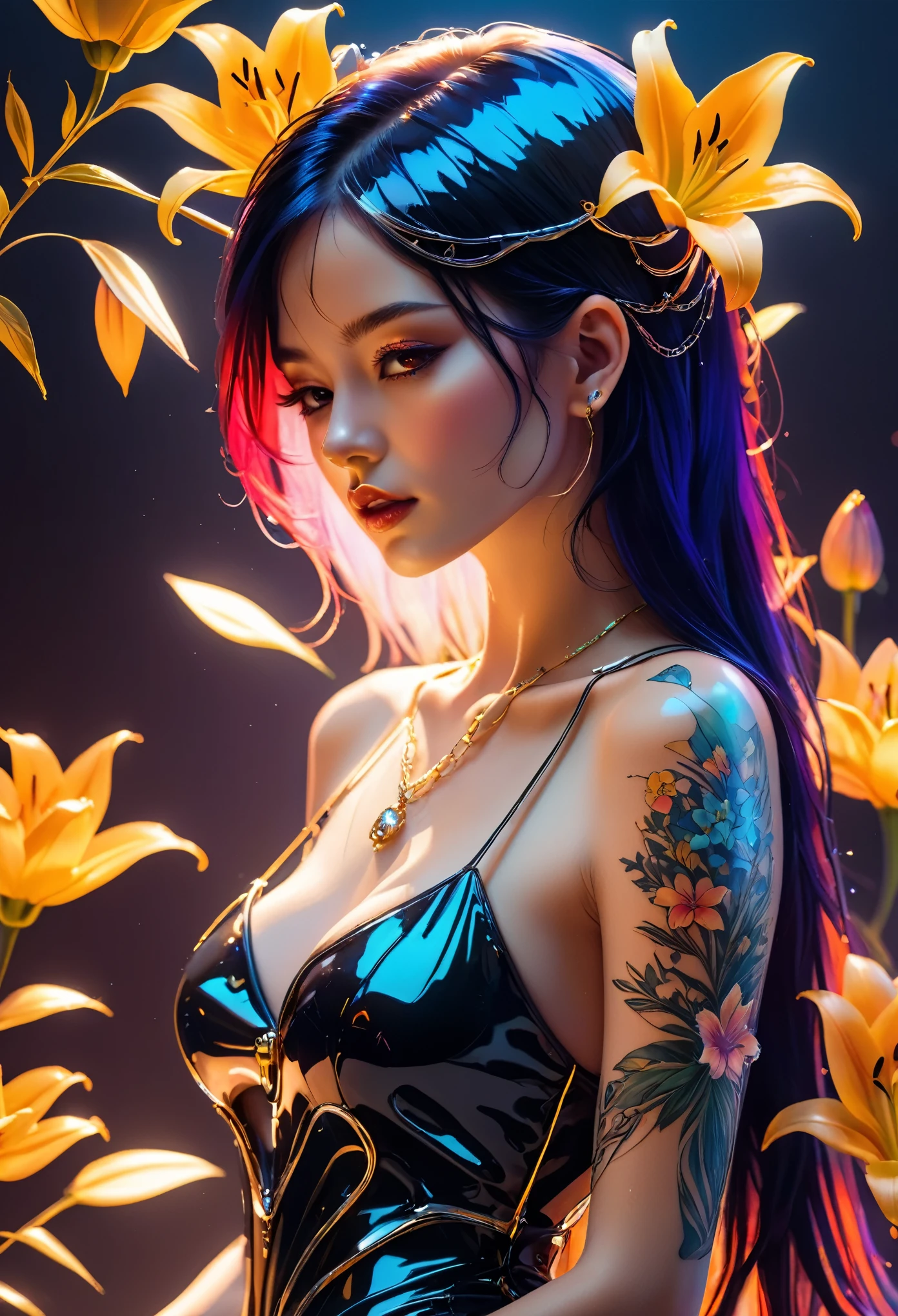 ((One, 1 girl, tattoos, glowing tattoos, brilliant, white-fluffy 16+), (skull, Flowers), (black transparent dress-clothing)), (sexual, erotic)) _((Delicate scarlet lips), (straight black hair - long, basic moments, blue, cascade), (multi-colored brilliant hair), (cool shine, Wet straight hair))_((stylization; clear line, clear outline, high quality line drawing, shading))_((simple color palettes), (color fill, Color saturation, saturation, harmony, balance), (rich pastel colors, Pure colors), (cyberpunk))_((sexual, erotic), (simple, Minimum accessories), (Necklaces and thin rings made of silver or gold.), (simple bracelets, unusual designs, simple silhouettes), (erotic style))_((background),(abstract minimalism), (stunning cybernetic Flowers), ( lilies, extremely unusual, long stems - large stems, skull, Flowers)).