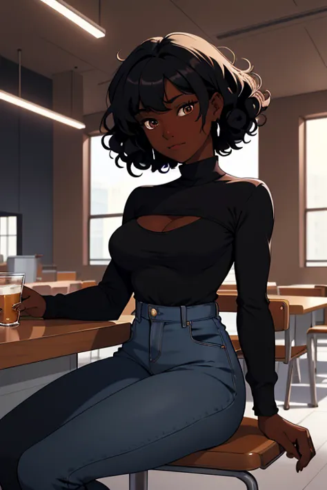 (masterpiece: 1.2, best quality), 1 lady, alone, Sitting in a style cafeteria , daytime, sitting, black hair, extremely curly ha...