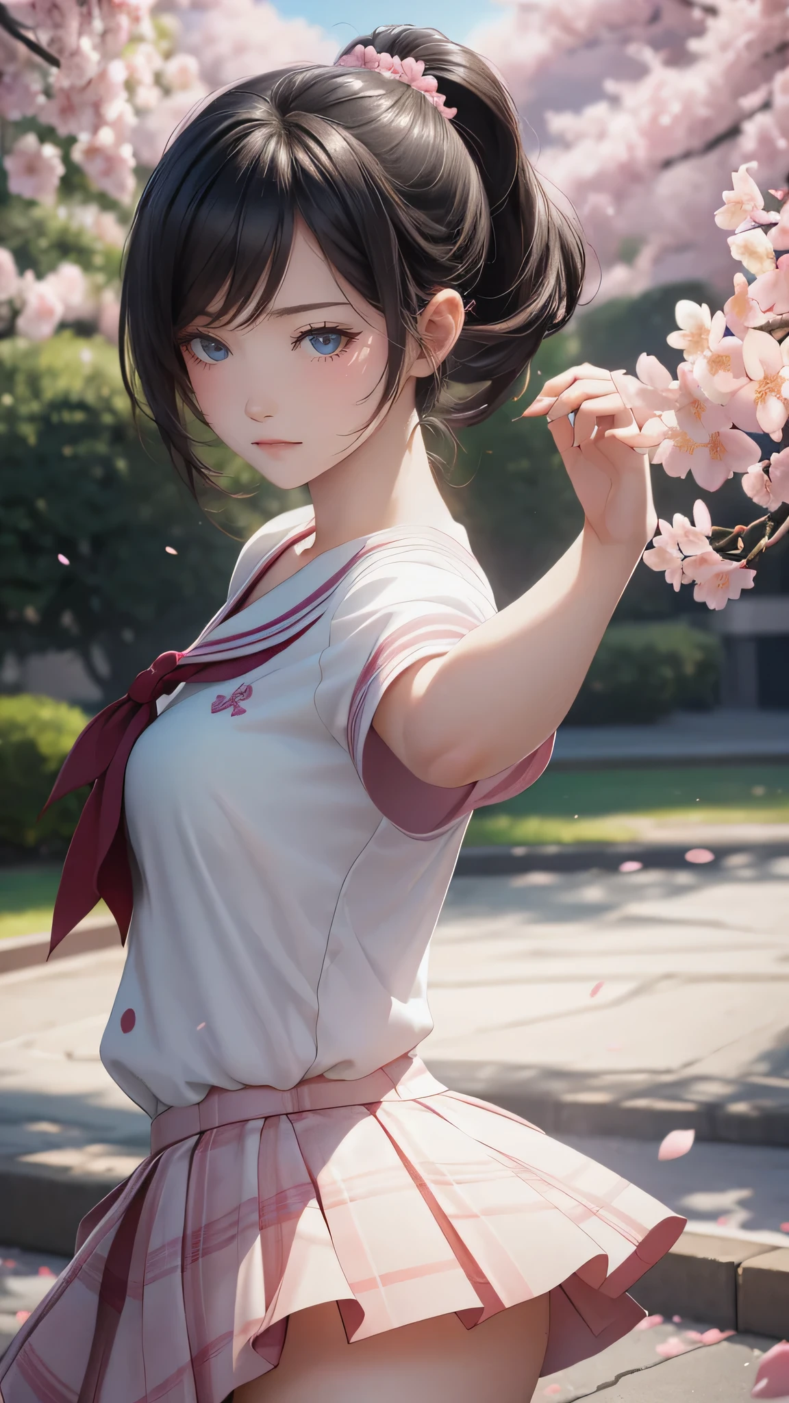 A park where cherry blossoms dance,high school girl,(random pose:1.2),(random hairstyle),(Highest image quality,(8K), Ultra-realistic, Best Quality, High quality, High Definition, high quality texture, high detailing, Beautiful detailed, fine detailed, extremely details CG, Detailed texture, realistic representation of face, masterpiece, presence)