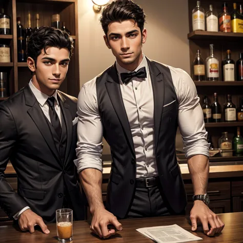 cyrus is a young, muscular bartender who has pitch black hair, hazel eyes, and tan skin. he is very handsome and wears suits a l...