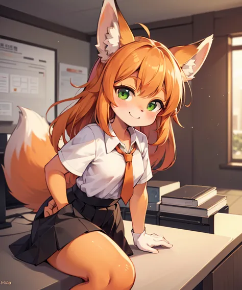 1 girl, (human hairy:1.2), Sako Tsunoda, (Two-tone fur, orange fur, green eyes, fox ears, horn, nose), (white shirt, black skirt...