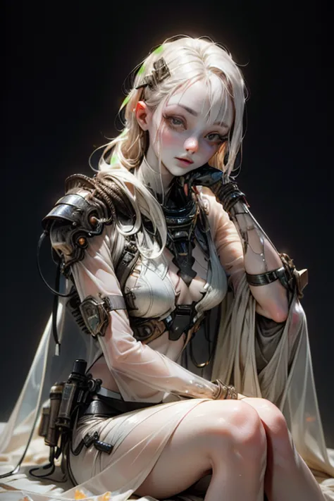 (biopunk girl:1.4), mullet hairstyle, (translucent pale skin:1.4), no humans, beautiful eyes with fine symmetry, armor two piece...