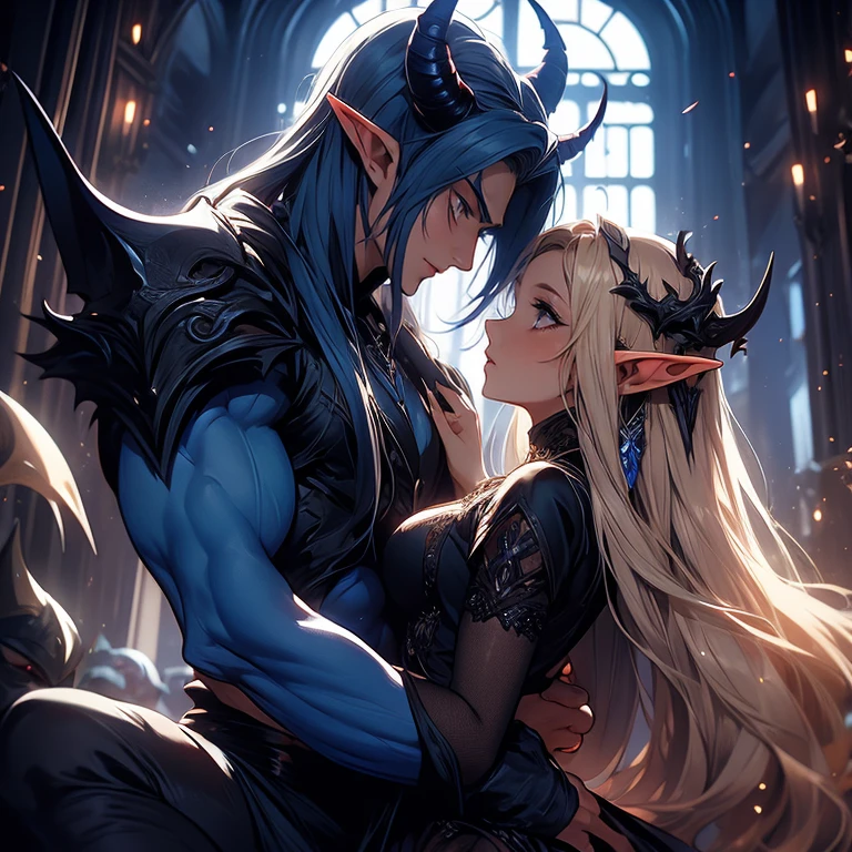 女性成年精灵有深金色头发 and a male elf dark blue long hair and  