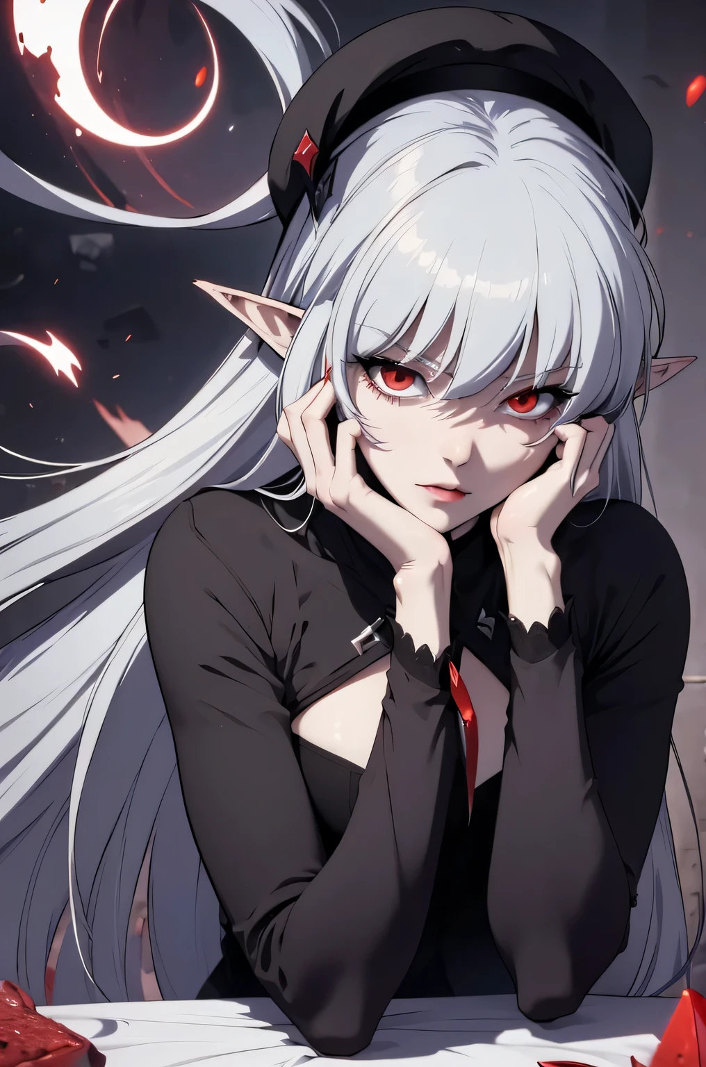 alice,vampire,grey hair, long hair, red eyes, pointy ears, small breasts, yandere trance yandere hands on own face,hands on own cheeks
