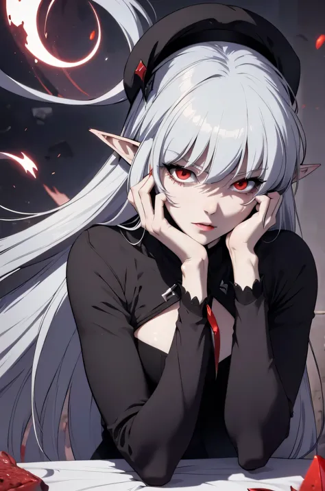 alice,vampire,grey hair, long hair, red eyes, pointy ears, small breasts, yandere trance yandere hands on own face,hands on own ...