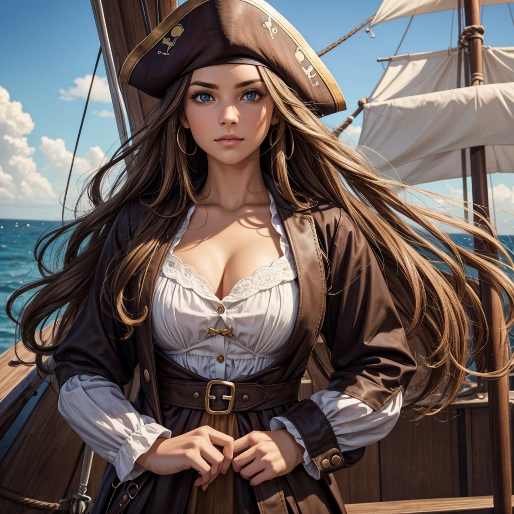 Mary has light brown wavy hair, one blue eye and one brown eye, and a very fair complexion. She is a pirate and has her own ship she wears a pirate dress