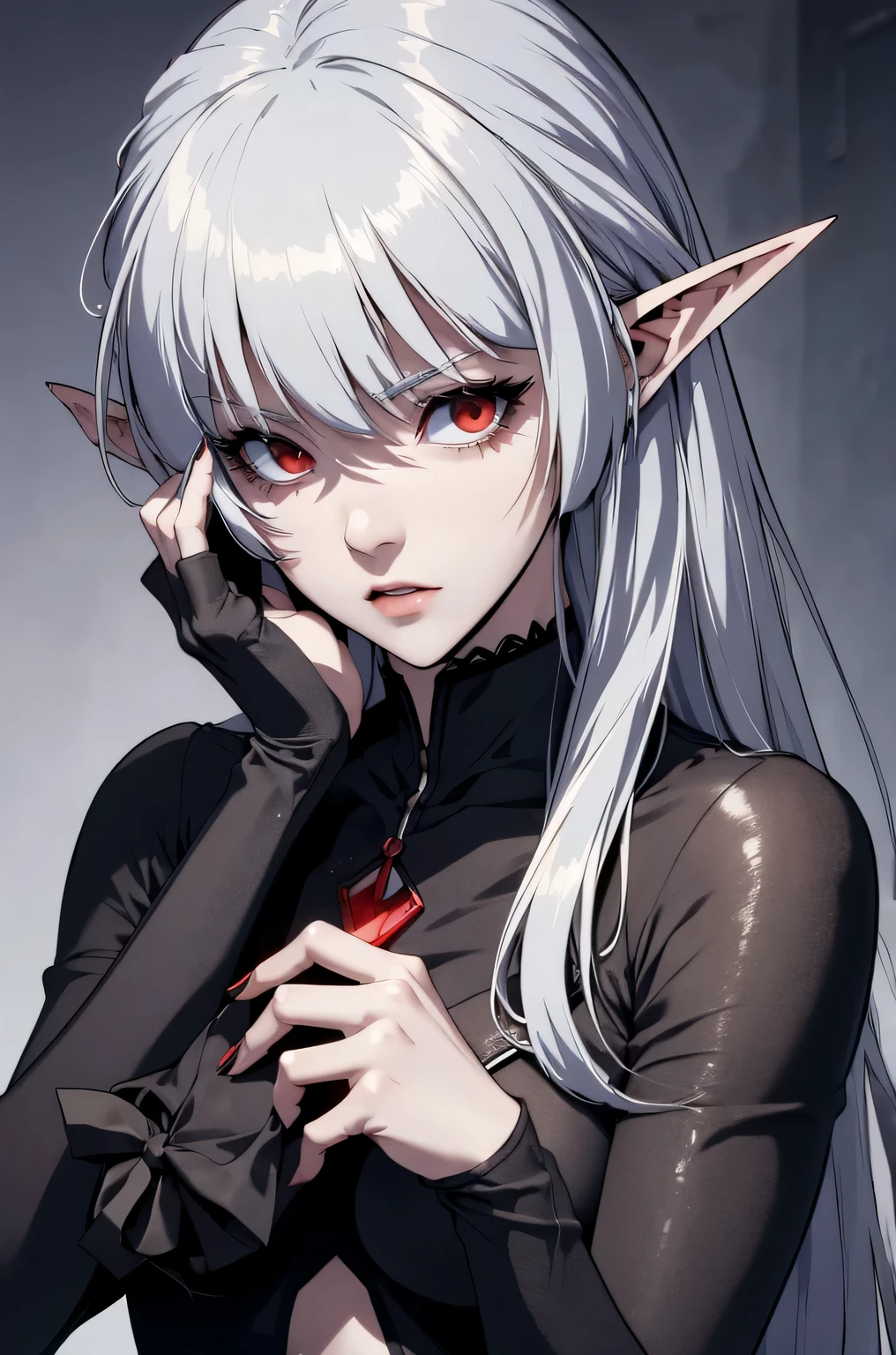 alice,vampire,grey hair, long hair, red eyes, pointy ears, small breasts, yandere trance yandere hands on own face,hands on own cheeks
