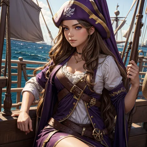 mary has light brown long wavy hair, purple eyes and a very fair complexion. she is a pirate and has a ship