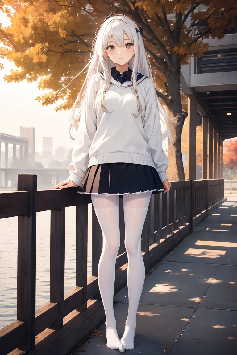 Highschool Girl, long white hair, white eyes, sweater, skirt, pantyhose, without shoes, park photography, beautiful view