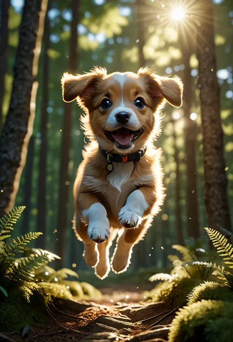 close up photo of a very cute jumping puppy in the forest, soft volumetric lights, (backlit:1.3), (cinematic:1.2), intricate det...