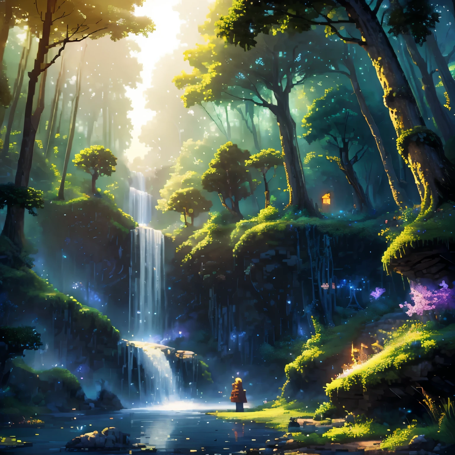 schöne Nachmittagsszene Pixelkunst, 3D pixel art 4K wallpaper, Unglaubliche Pixel-Art-Details, Pixel art, Detaillierte Unreal Engine-Pixelkunst, Wald, Glühwürmchen, Magie, only plants and Magieal beings