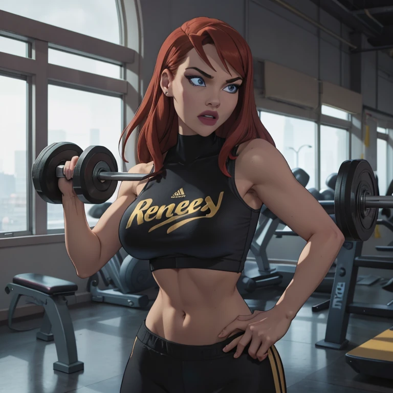 She's a young, slender woman with short, vibrant red hair and bright blue eyes, dressed in fitted gym attire. Confident and determined, she exudes assurance with a strong posture and a self-assured expression. Her domain is the gym, where her infectious energy shines, whether as an athlete or a dedicated instructor.red wet wavy long hair, fit body , huge breasts, gym sportswear black and gold