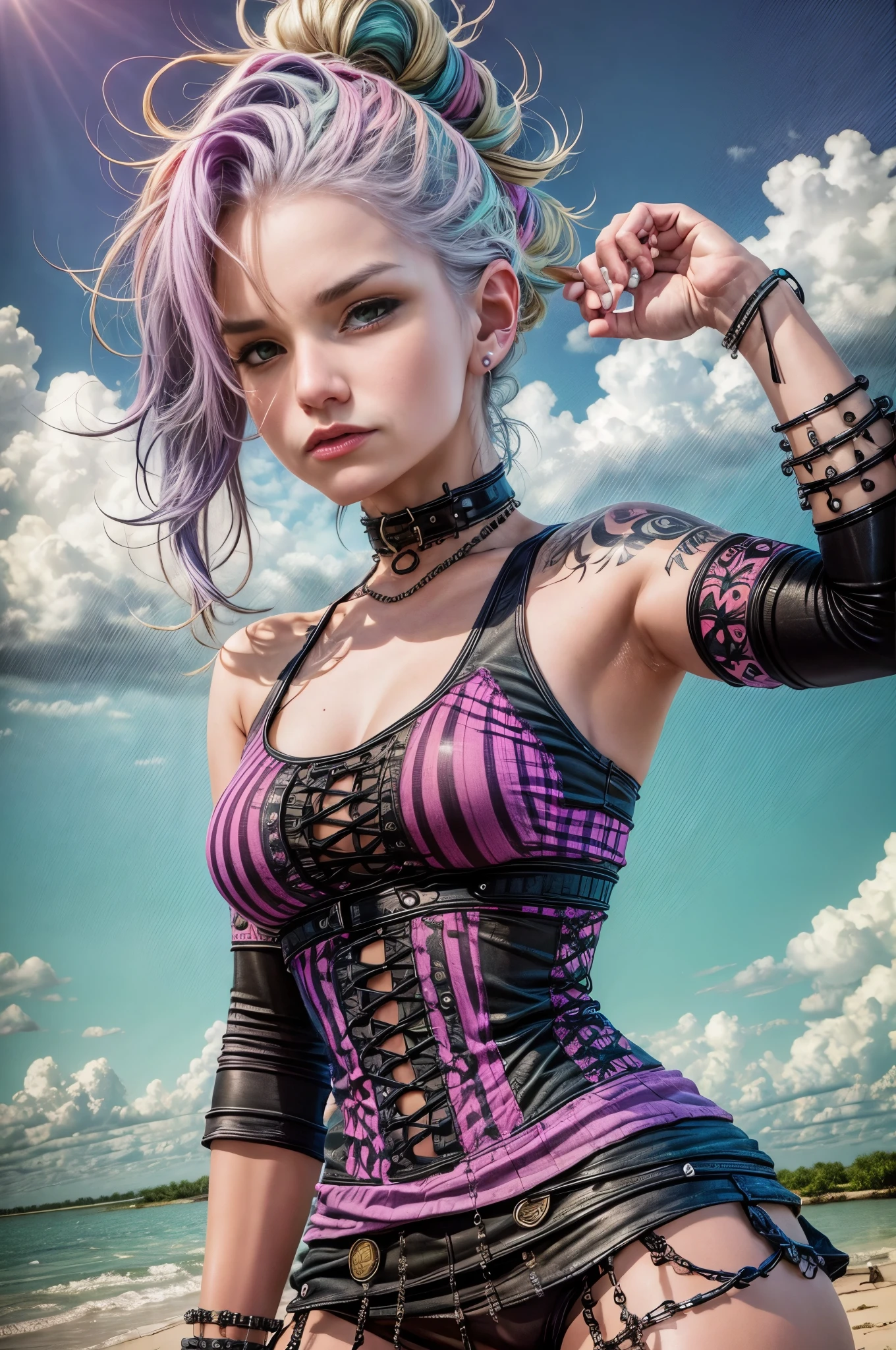 Best quality, photorealistic, 8k, masterpiece, A woman with a tattoo on her arm, tattoo sleeve on her right arm and neck, tattoos and piercings, beautiful female punk,pink and purple hair, choker, heavy bracelets, pastel clothes, florida, miniskirt, pink tank top, bright sunny day, feral grin, heavily saturated photo, in the bayou, everglades, dirty and grimy