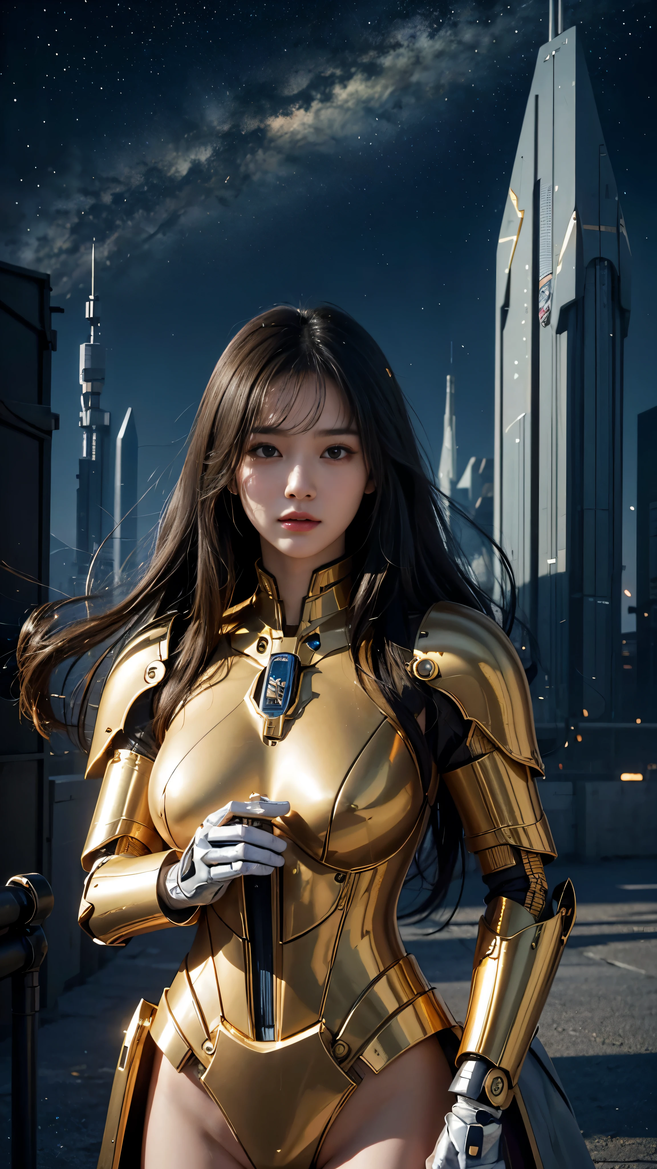 highest quality、masterpiece、An illustration、very delicate and beautiful、very detailedな、CG、unity、8k wallpaper、amazing、fine detailasterpiece、highest quality、official art、very detailed CG unity 8k wallpaper、disorganized、incredibly disorganized、Super detailed、High resolution、very detailed、beautiful detailed girl、light on the face、1girl、Mecha、Gold Armor、mechanical_body、black hair、spaceship、City、cyber punk、star_sky、Star Wars universe