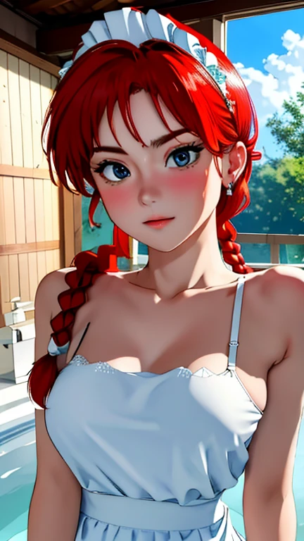 (8k, RAW photo, best quality, masterpiece:1.2),    RanmaChan, Front view, 1 girl,  perfect face, masterpiece,best quality,bathroom,close up,onsen,in water,wet clothes,outdoors,bright light,1girl,jewelry,earrings,necklace,beautiful face,red hair,full body,standing,steam, water drop,wet dody
white thighhighs, underwear,maid headdress,apron,