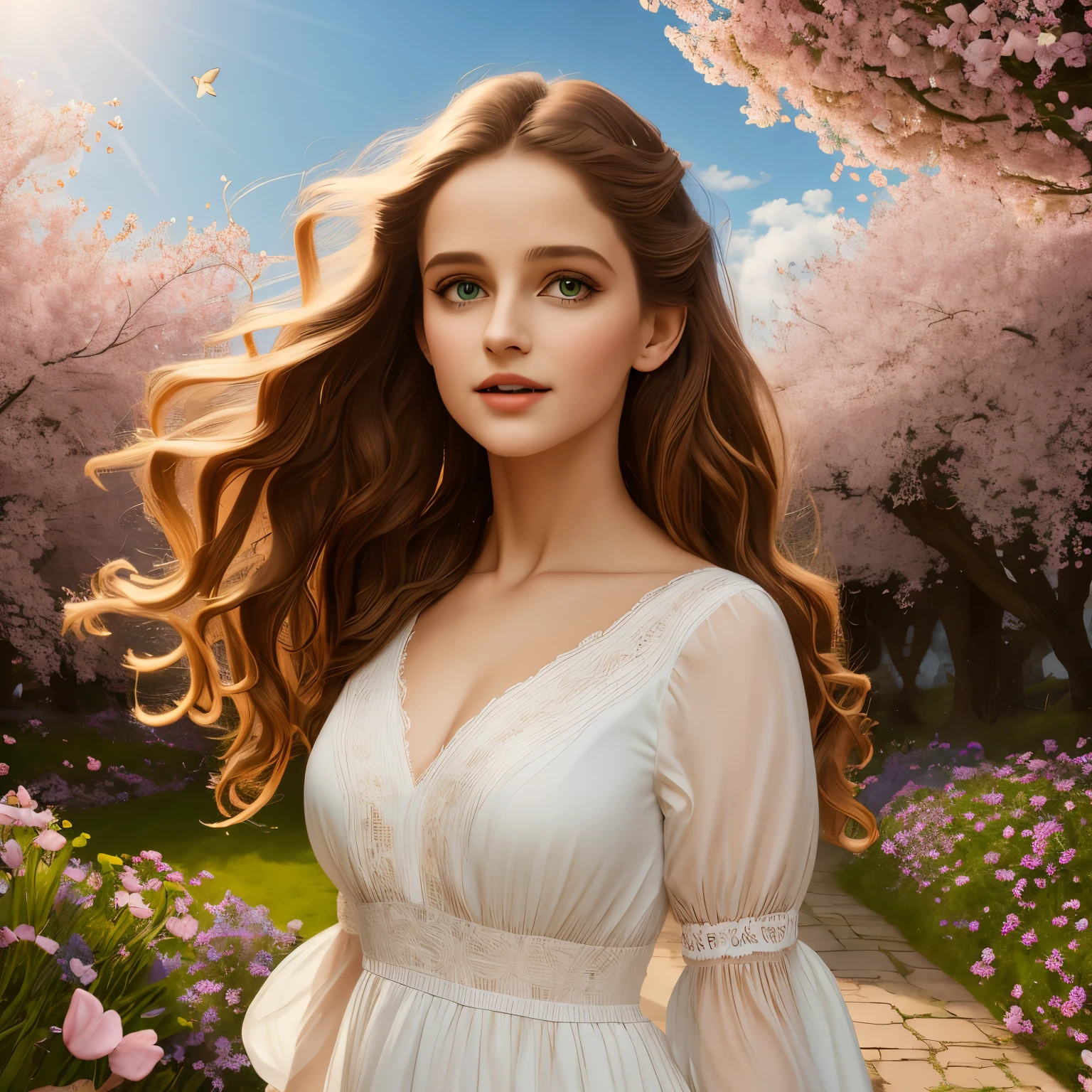(best quality,4k,8k,highres,masterpiece:1.2),ultra-detailed,beautiful detailed eyes,beautiful detailed lips,extremely detailed eyes and face,long eyelashes,portraits,photography,realistic,shine on hair,soft lighting,soft focus,rosy cheeks,natural colors,gentle breeze,fresh flowers,butterflies flying around,a girl in a garden,dressed in a flowy white dress,standing under a blossoming cherry tree with pink petals falling,surrounded by vibrant green grass and colorful flowers,peaceful and serene atmosphere,joyful expression on her face,daytime scene,blue sky with white fluffy clouds.deep colors, vibrant composition, surreal atmosphere, dreamlike scenery, enigmatic figures, mesmerizing details, intricate textures, ethereal lighting, magical ambiance, otherworldly beauty, captivating storytelling, hidden symbolism, emotional depth, immersive experience, visually stunning, breathtaking masterpiece,masterpiece, best quality, (extremely detailed CG unity 8k wallpaper), (best quality), (best illustration), (best shadow), absurdres, realistic lighting, (Abyss), beautiful detailed glow, art by PeterMohrBacher,
