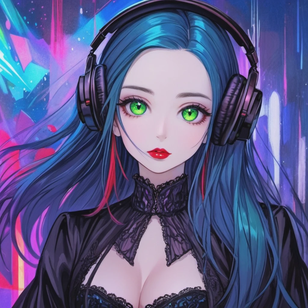 A young and very sexy and beautiful adult woman with large green eyes, long Blue hair. Impeccably make up with red lipstick, dark eyeshadow accentuating her bright eyes. She's dressed in an gothic oversized dress, wearing a black shirt covering her ample bosom. Sporting large, colorful headphones, she giving a side look tô the camera. She is floating in another chaotic dimension, with purple, pink and blue shapes and lights and shadows. 